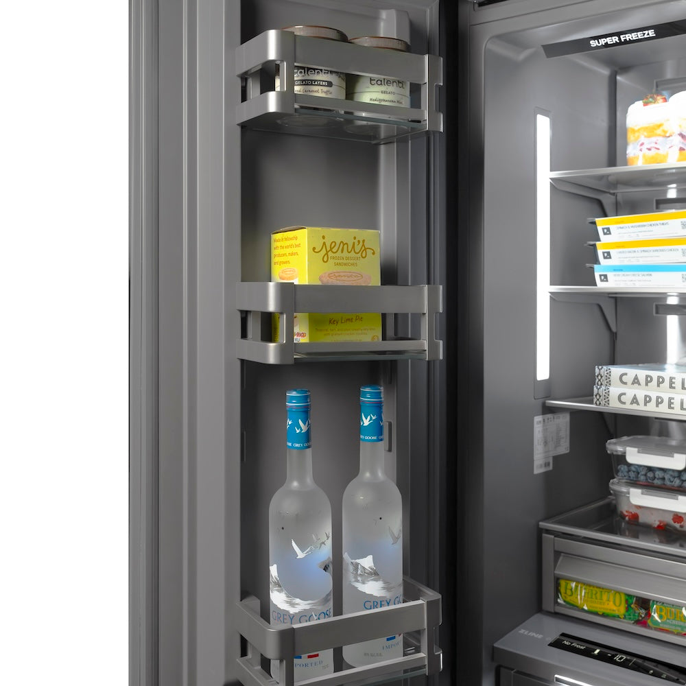 ZLINE Autograph Edition 24 in. 12.4 cu. ft. Column Freezer in Stainless Steel with Graphite Gray Interior and Polished Gold Accents (RCFVZ-304-24-G)