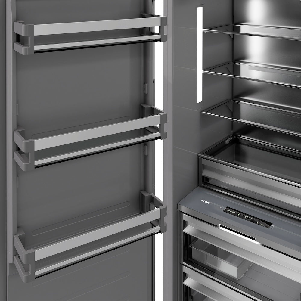 ZLINE Autograph Edition 24 in. 12.4 cu. ft. Column Freezer in Stainless Steel with Graphite Gray Interior and Polished Gold Accents (RCFVZ-304-24-G)