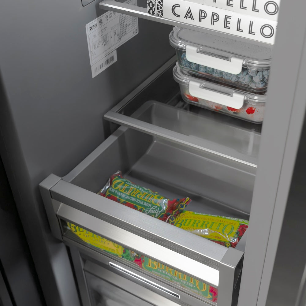 ZLINE Autograph Edition 24 in. 12.4 cu. ft. Column Freezer in Stainless Steel with Graphite Gray Interior and Polished Gold Accents (RCFVZ-304-24-G)