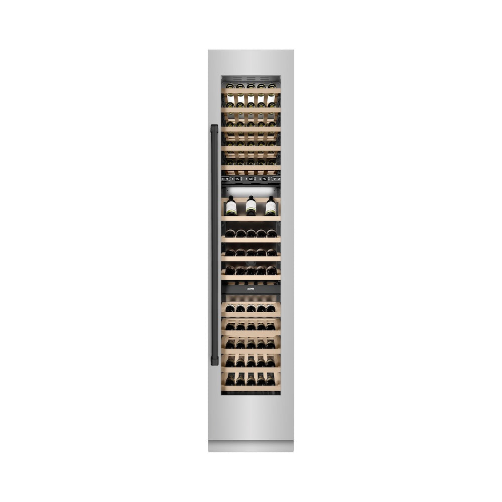 ZLINE Autograph Edition 18 in. 9.0 cu. ft. Triple Zone 68 Bottle Right Hinge Column Wine Cooler in Stainless Steel with Matte Black Accents (RCWVRZ-304-18-MB)