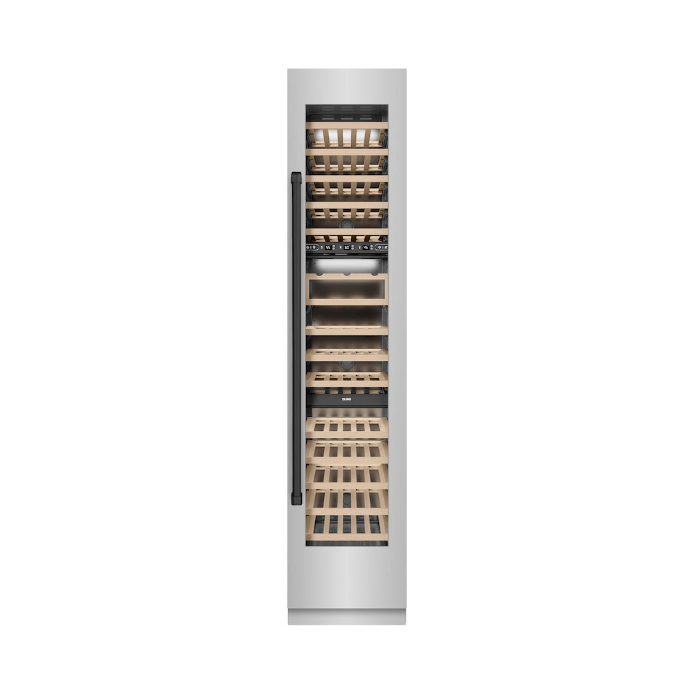 ZLINE Autograph Edition 18 in. 9.0 cu. ft. Triple Zone 68 Bottle Right Hinge Column Wine Cooler in Stainless Steel with Matte Black Accents (RCWVRZ-304-18-MB)