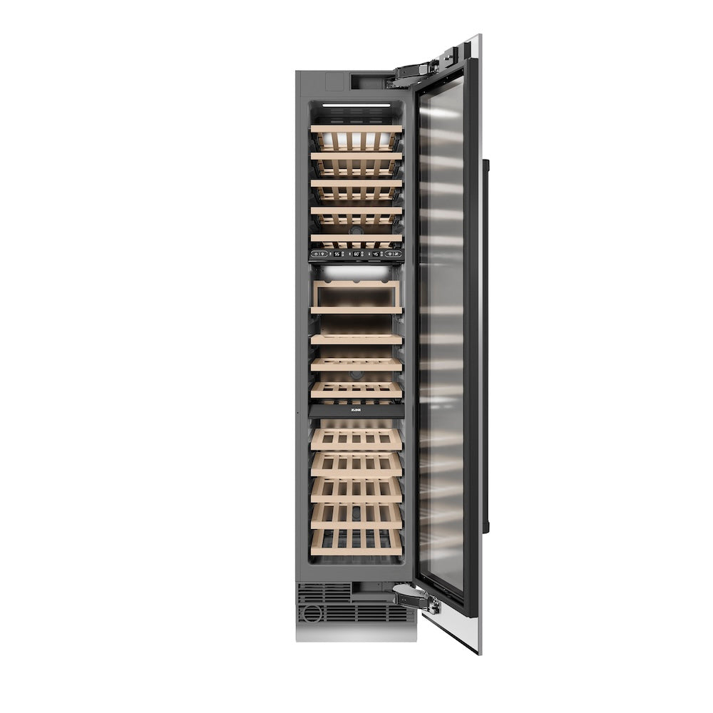 ZLINE Autograph Edition 18 in. 9.0 cu. ft. Triple Zone 68 Bottle Right Hinge Column Wine Cooler in Stainless Steel with Matte Black Accents (RCWVRZ-304-18-MB)