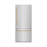 ZLINE Autograph Edition 36 in. 19.8 cu. ft. Built-In Bottom Freezer Refrigerator with Water Dispenser and Ice Maker in Stainless Steel with Graphite Gray Interior and Polished Gold Accents (GRBITZ-304-36G)