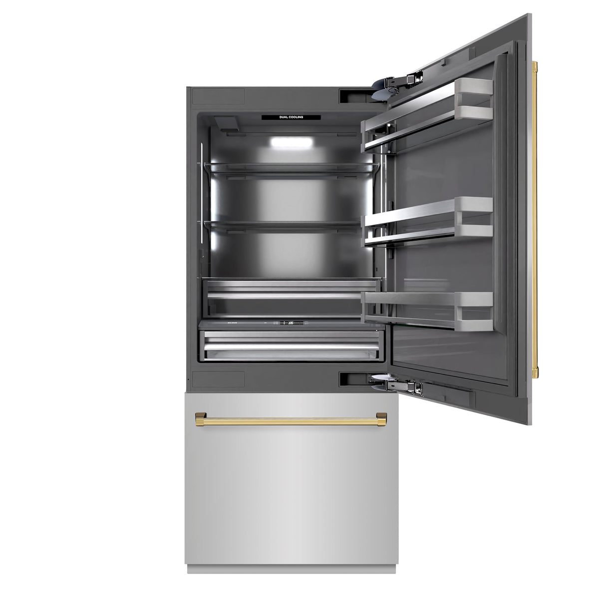 ZLINE Autograph Edition 36 in. 19.8 cu. ft. Built-In Bottom Freezer Refrigerator with Water Dispenser and Ice Maker in Stainless Steel with Graphite Gray Interior and Polished Gold Accents (GRBITZ-304-36G)