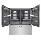 ZLINE Autograph Edition 72 in. 39.6 cu. ft. French Door Built-In Bottom Freezer Refrigerator with Water Dispensers and Ice Makers in Stainless Steel with Graphite Gray Interior and Polished Gold Accents (GRBITZ-304-72G)