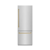 ZLINE Autograph Edition 30 in. 16.1 cu. ft. Built-In Bottom Freezer Refrigerator with Water Dispenser and Ice Maker in Stainless Steel with Graphite Gray Interior and Champagne Bronze Accents (GRBIVZ-304-30CB)
