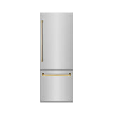 ZLINE Autograph Edition 30 in. 16.1 cu. ft. Built-In Bottom Freezer Refrigerator with Water Dispenser and Ice Maker in Stainless Steel with Graphite Gray Interior and Polished Gold Accents (GRBIVZ-304-30G)