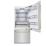 ZLINE Autograph Edition 36 in. 19.8 cu. ft. Built-In Bottom Freezer Refrigerator with Water Dispenser and Ice Maker in Stainless Steel with Polished Gold Accents (RBITZ-304-36G)