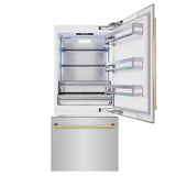 ZLINE Autograph Edition 36 in. 19.8 cu. ft. Built-In Bottom Freezer Refrigerator with Water Dispenser and Ice Maker in Stainless Steel with Polished Gold Accents (RBITZ-304-36G)