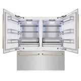 ZLINE Autograph Edition 72 in. 39.6 cu. ft. French Door Built-In Bottom Freezer Refrigerator with Water Dispensers and Ice Makers in Stainless Steel with Polished Gold Accents (RBITZ-304-72G)