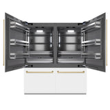 ZLINE Autograph Edition 72 in. 39.6 cu. ft. French Door Built-In Bottom Freezer Refrigerator with Water Dispensers and Ice Makers in White Matte with Graphite Gray Interior and Champagne Bronze Accents (GRBITZ-WM-72-CB)