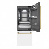 ZLINE Autograph Edition 30 in. 16.1 cu. ft. Built-In Bottom Freezer Refrigerator with Water Dispenser and Ice Maker in White Matte with Graphite Gray Interior and Champagne Bronze Accents (GRBIVZ-WM-30-CB)