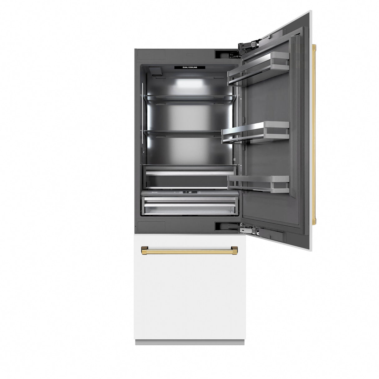 ZLINE Autograph Edition 30 in. 16.1 cu. ft. Built-In Bottom Freezer Refrigerator with Water Dispenser and Ice Maker in White Matte with Graphite Gray Interior and Polished Gold Accents (GRBIVZ-WM-30-G)