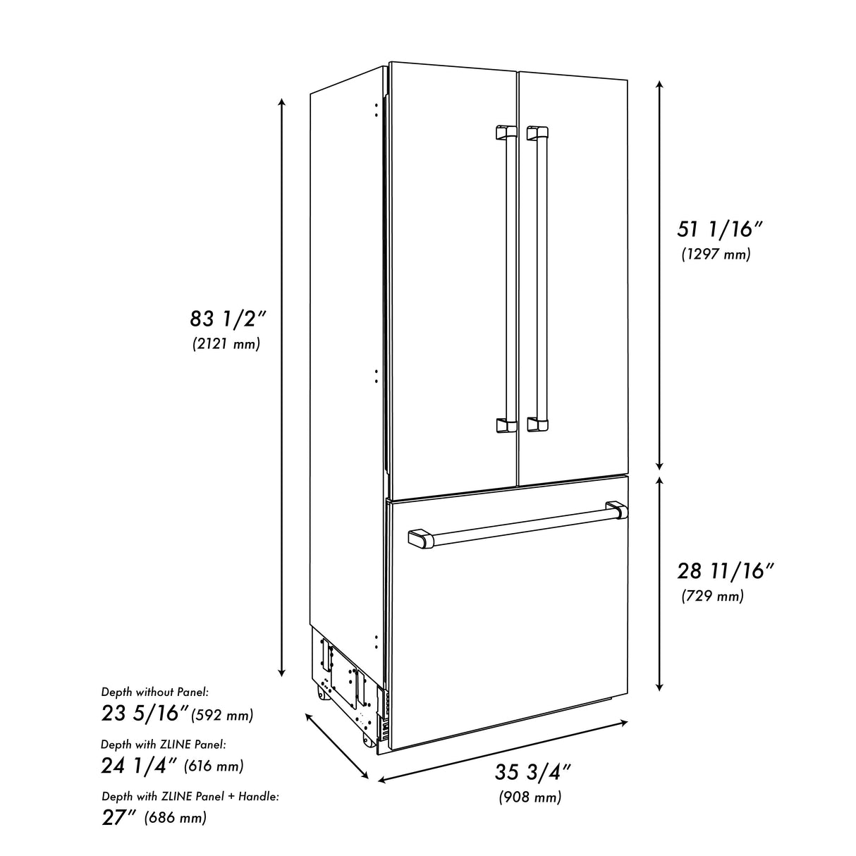 ZLINE Autograph Edition 36 in. 19.6 cu. ft. French Door Built-In Bottom Freezer Refrigerator with Water Dispenser and Ice Maker in White Matte with Graphite Gray Interior and Champagne Bronze Accents (GRBIVZ-WM-36-CB)