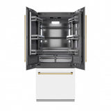 ZLINE Autograph Edition 36 in. 19.6 cu. ft. French Door Built-In Bottom Freezer Refrigerator with Water Dispenser and Ice Maker in White Matte with Graphite Gray Interior and Polished Gold Accents (GRBIVZ-WM-36-G)