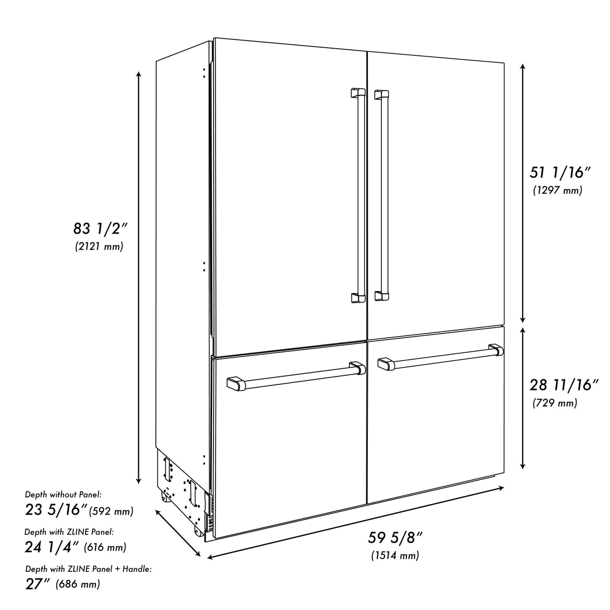 ZLINE Autograph Edition 60 in. 32.2 cu. ft. French Door Built-In Bottom Freezer Refrigerator with Water Dispenser and Ice Maker in White Matte with Graphite Gray Interior and Matte Black Accents (GRBIVZ-WM-60-MB)