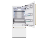 ZLINE Autograph Edition 36 in. 19.8 cu. ft. Built-In Bottom Freezer Refrigerator with Water Dispenser and Ice Maker in White Matte and Polished Gold Accents (RBITZ-WM-36-G)