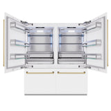 ZLINE Autograph Edition 72 in. 39.6 cu. ft. French Door Built-In Bottom Freezer Refrigerator with Water Dispensers and Ice Makers in White Matte and Polished Gold Accents (RBITZ-WM-72-G)