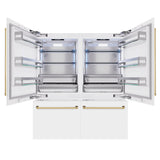ZLINE Autograph Edition 72 in. 39.6 cu. ft. French Door Built-In Bottom Freezer Refrigerator with Water Dispensers and Ice Makers in White Matte and Polished Gold Accents (RBITZ-WM-72-G)