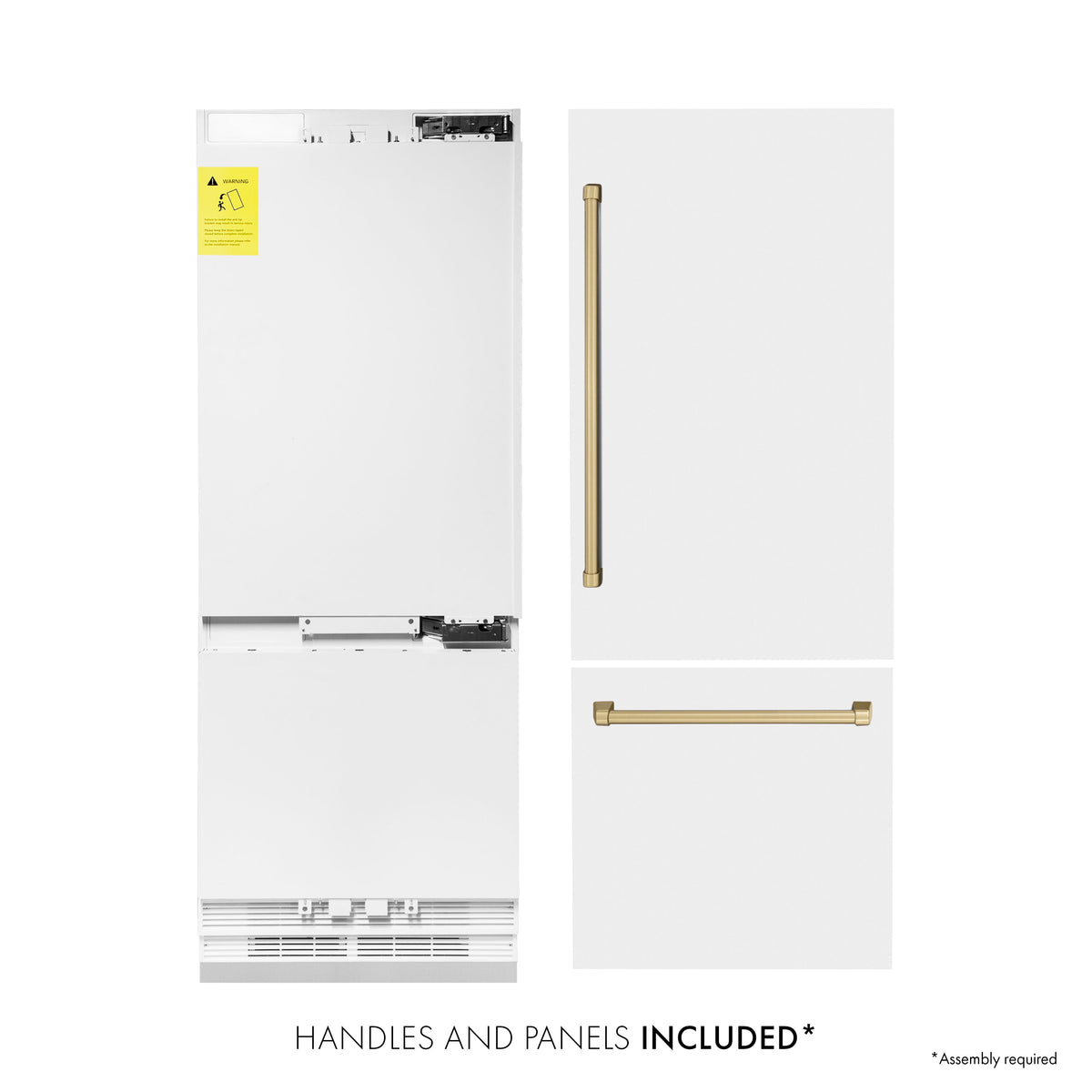 ZLINE Autograph Edition 30 in. 16.1 cu. ft. Built-In Bottom Freezer Refrigerator with Water Dispenser and Ice Maker in White Matte with Champagne Bronze Accents (RBIVZ-WM-30-CB)