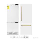 ZLINE Autograph Edition 30 in. 16.1 cu. ft. Built-In Bottom Freezer Refrigerator with Water Dispenser and Ice Maker in White Matte with Polished Gold Accents (RBIVZ-WM-30-G)