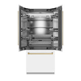 ZLINE Autograph Edition 36 in. 19.6 cu. ft. French Door Built-In Bottom Freezer Refrigerator with Water Dispenser and Ice Maker in White Matte with Stainless Steel Interior and Polished Gold Accents (SRBIVZ-WM-36-G)