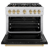 ZLINE Autograph Edition 36 in. 5.2 cu. ft. Classic Gas Range with 6 Burner Cooktop and Convection Gas Oven in Satin Stainless Steel with Black Matte Door and Champagne Bronze Accents (CGRSZ-BLM-36-CB)