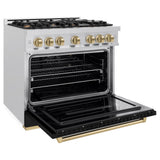 ZLINE Autograph Edition 36 in. 5.2 cu. ft. Classic Gas Range with 6 Burner Cooktop and Convection Gas Oven in Satin Stainless Steel with Black Matte Door and Champagne Bronze Accents (CGRSZ-BLM-36-CB)