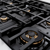 ZLINE Autograph Edition 36 in. 5.2 cu. ft. Classic Gas Range with 6 Burner Cooktop and Convection Gas Oven in Satin Stainless Steel with Black Matte Door and Polished Gold Accents (CGRSZ-BLM-36-G)