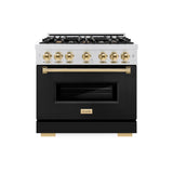 ZLINE Autograph Edition 36 in. 5.2 cu. ft. Classic Gas Range with 6 Burner Cooktop and Convection Gas Oven in Satin Stainless Steel with Black Matte Door and Polished Gold Accents (CGRSZ-BLM-36-G)