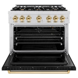 ZLINE Autograph Edition 36 in. 5.2 cu. ft. Classic Gas Range with 6 Burner Cooktop and Convection Gas Oven in Satin Stainless Steel with Black Matte Door and Polished Gold Accents (CGRSZ-BLM-36-G)