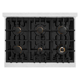 ZLINE Autograph Edition 36 in. 5.2 cu. ft. Classic Gas Range with 6 Burner Cooktop and Convection Gas Oven in Satin Stainless Steel with Black Matte Door and Polished Gold Accents (CGRSZ-BLM-36-G)
