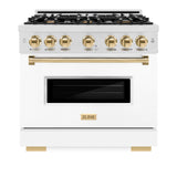 ZLINE Autograph Edition 36 in. 5.2 cu. ft. Classic Gas Range with 6 Burner Cooktop and Convection Gas Oven in Satin Stainless Steel with White Matte Door and Polished Gold Accents (CGRSZ-WM-36-G)