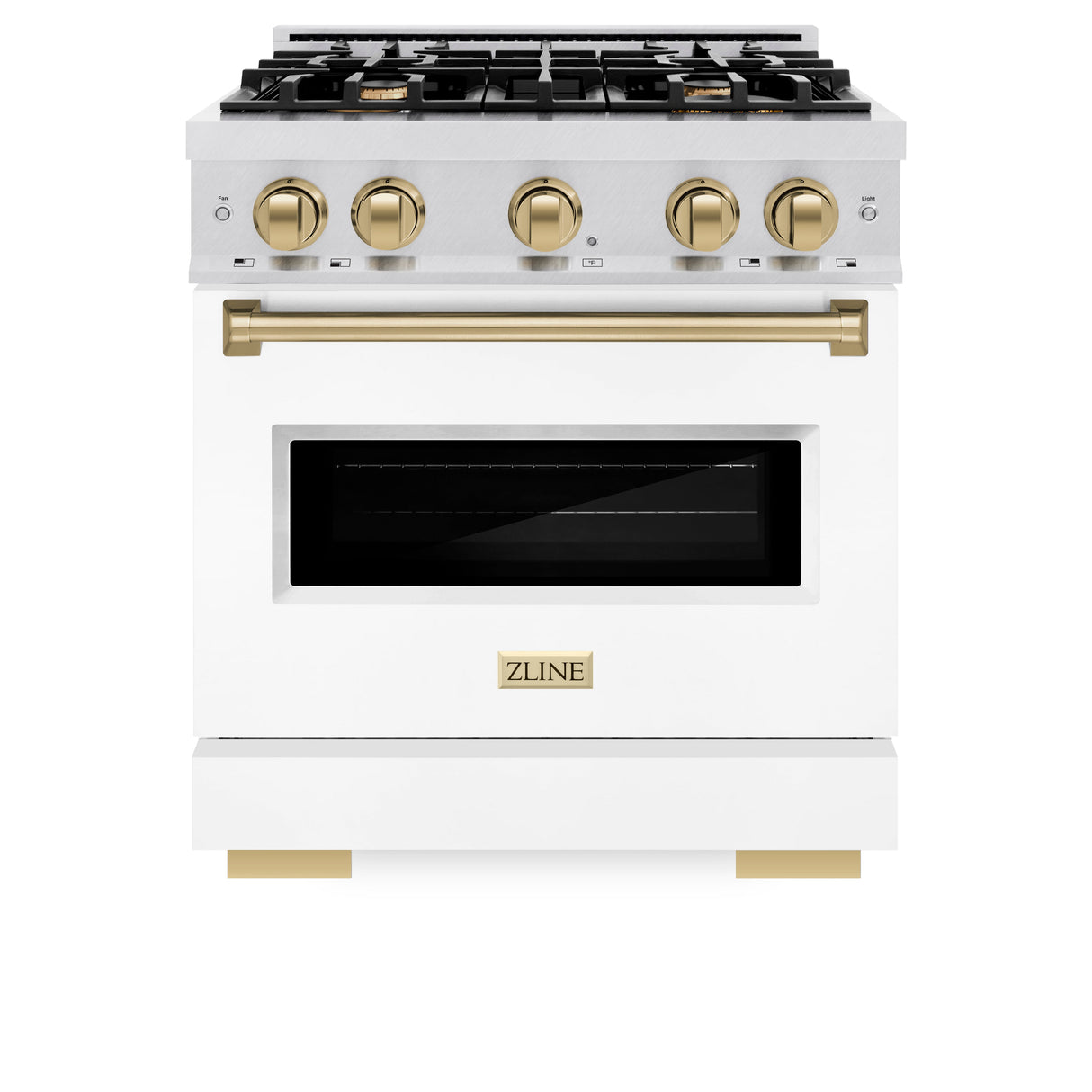 ZLINE Autograph Edition 30 in. 4.2 cu. ft. Classic Dual Fuel Range with 4 Burner Gas Cooktop and Electric Convection Oven in Satin Stainless Steel with White Matte Door and Polished Gold Accents (CDRSZ-WM-30-G)
