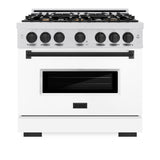 ZLINE Autograph Edition 36 in. 5.2 cu. ft. Classic Dual Fuel Range with 6 Burner Gas Cooktop and Electric Convection Oven in Satin Stainless Steel with White Matte Door and Matte Black Accents (CDRSZ-WM-36-MB)