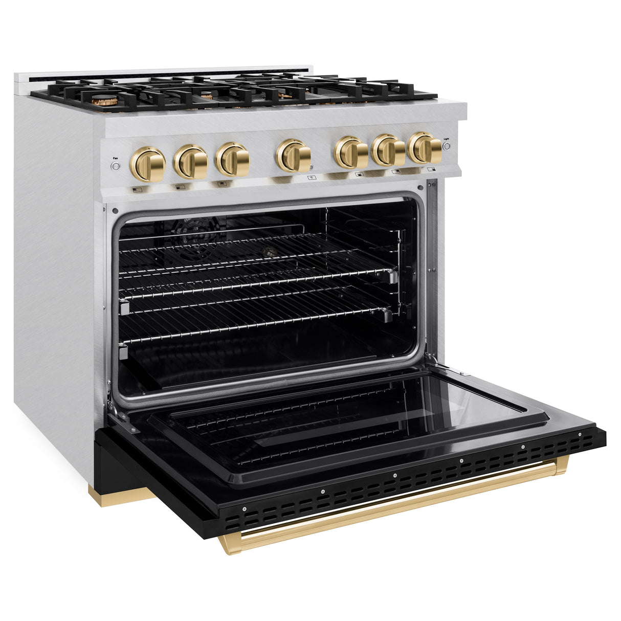 ZLINE Autograph Edition 36 in. 5.2 cu. ft. Classic Dual Fuel Range with 6 Burner Gas Cooktop and Electric Convection Oven in Satin Stainless Steel with Black Matte Door and Polished Gold Accents (CDRSZ-BLM-36-G)