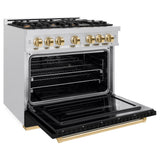 ZLINE Autograph Edition 36 in. 5.2 cu. ft. Classic Dual Fuel Range with 6 Burner Gas Cooktop and Electric Convection Oven in Satin Stainless Steel with Black Matte Door and Polished Gold Accents (CDRSZ-BLM-36-G)
