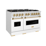 ZLINE Autograph Edition 48 in. 6.7 cu. ft. Classic Double Oven Dual Fuel Range with 8 Burner Gas Cooktop in Satin Stainless Steel with White Matte Doors and Polished Gold Accents (CDRSZ-WM-48-G)