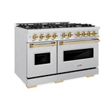 ZLINE Autograph Edition 48 in. 6.7 cu. ft. Classic Double Oven Dual Fuel Range with 8 Burner Gas Cooktop in Satin Stainless Steel and Polished Gold Accents (CDRSZ-48-G)