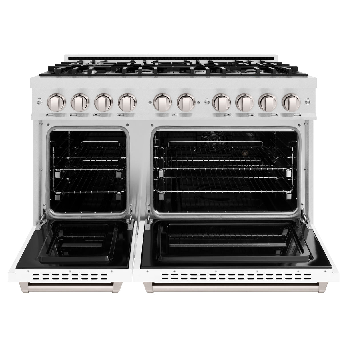 ZLINE 48 in. 6.7 cu. ft. Classic Double Oven Gas Range with 8 Burner Cooktop in Satin Stainless Steel with White Matte Doors (CGRS-WM-48)