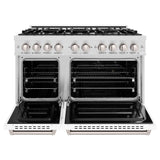 ZLINE 48 in. 6.7 cu. ft. Classic Double Oven Gas Range with 8 Burner Cooktop in Satin Stainless Steel with White Matte Doors (CGRS-WM-48)