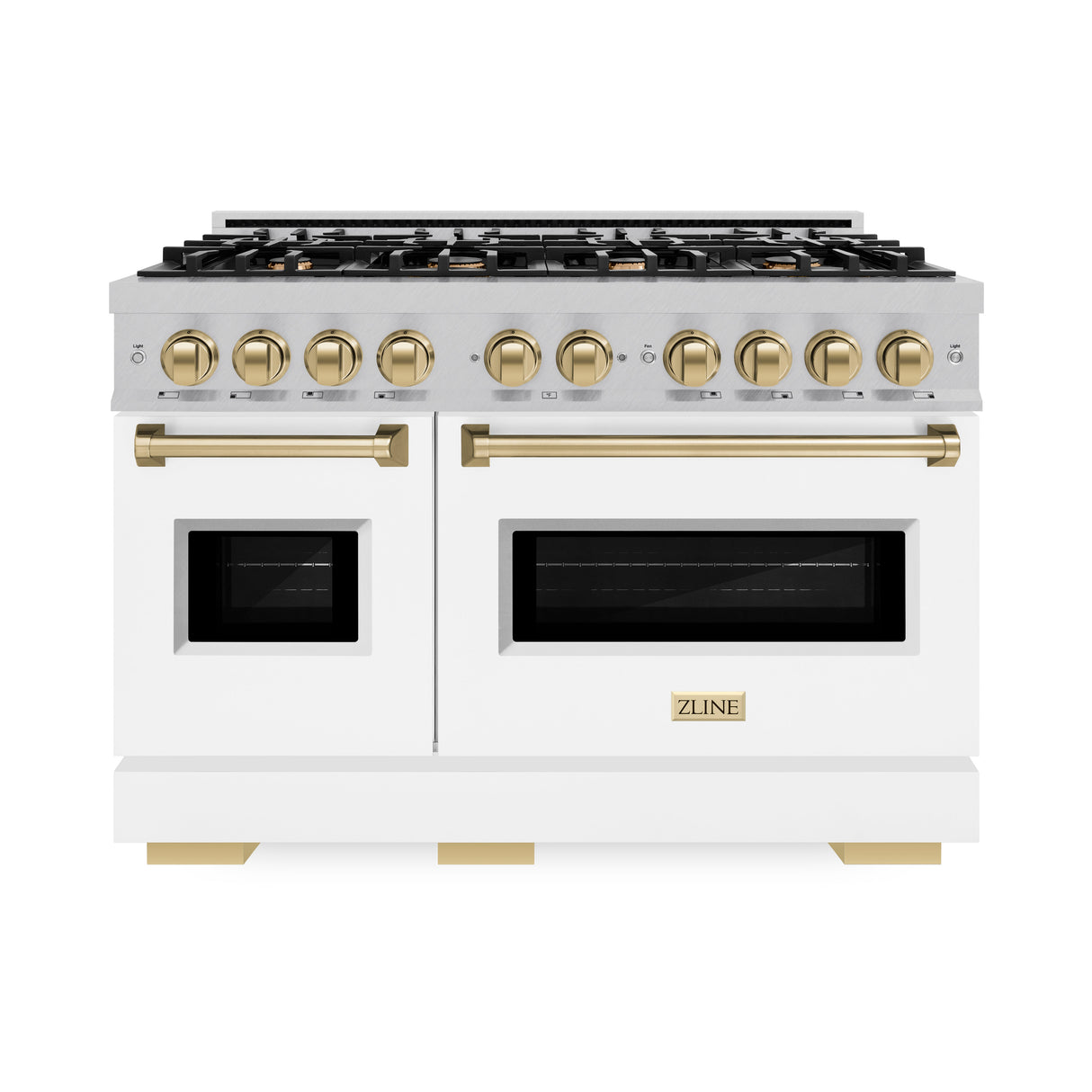 ZLINE Autograph Edition 48 in. 6.7 cu. ft. Classic Double Oven Gas Range with 8 Burner Cooktop in Satin Stainless Steel with White Matte Doors and Champagne Bronze Accents (CGRSZ-WM-48-CB)