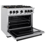 ZLINE Autograph Edition 36 in. 5.2 cu. ft. Classic Gas Range with 6 Burner Cooktop and Convection Gas Oven in Satin Stainless Steel and Matte Black Accents (CGRSZ-36-MB)