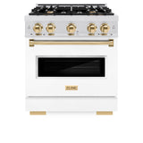 ZLINE Autograph Edition 30 in. 4.2 cu. ft. Classic Gas Range with 4 Burner Cooktop and Convection Gas Oven in Satin Stainless Steel with White Matte Door and Polished Gold Accents (CGRSZ-WM-30-G)