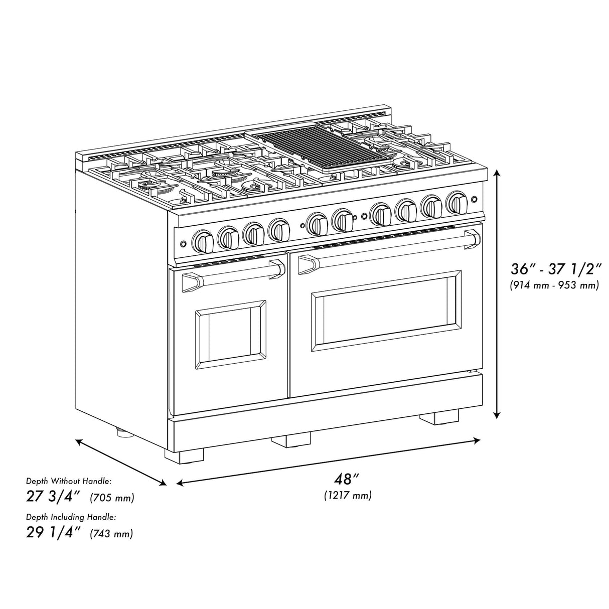 ZLINE 48 in. 6.7 cu. ft. Classic Double Oven Gas Range with 8 Burner Cooktop in Stainless Steel with Black Matte Doors (CGR-BLM-48)