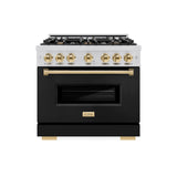 ZLINE Autograph Edition 36 in. 5.2 cu. ft. Classic Dual Fuel Range with 6 Burner Gas Cooktop and Electric Convection Oven in Stainless Steel with Black Matte Door and Polished Gold Accents (CDRZ-BLM-36-G)