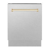 ZLINE Autograph Edition 24 in. Tallac Series 3rd Rack Top Control Built-In Tall Tub Dishwasher with Satin Stainless Steel Panel and Polished Gold Handle, 51dBa (DWVZ-SN-24-G)