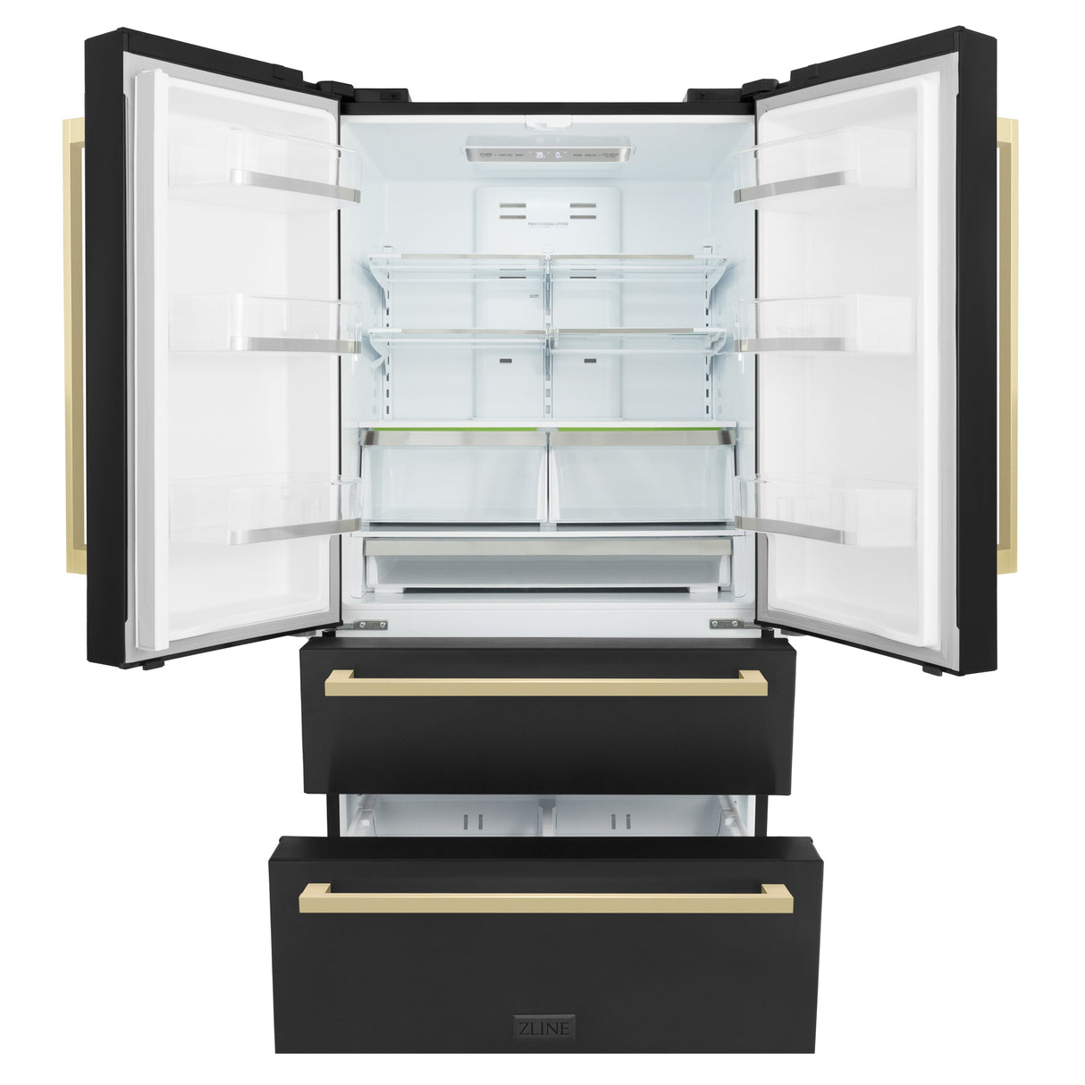 ZLINE Autograph Edition 36 in. 22.5 cu. ft. Counter-Depth French Door Refrigerator with Ice Maker in Fingerprint-Resistant Black Stainless Steel and Champagne Bronze Modern Handles (RFMZ-36-BS-FCB)