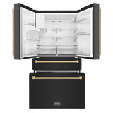ZLINE Autograph Edition 36 in. 21.6 cu. ft Counter-Depth French Door Refrigerator with Water and Ice Dispenser in Fingerprint-Resistant Black Stainless Steel with Champagne Bronze Traditional Handles (RFMZ-W-36-BS-CB)