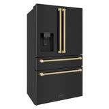 ZLINE Autograph Edition 36 in. 21.6 cu. ft Counter-Depth French Door Refrigerator with Water and Ice Dispenser in Fingerprint-Resistant Black Stainless Steel with Champagne Bronze Traditional Handles (RFMZ-W-36-BS-CB)